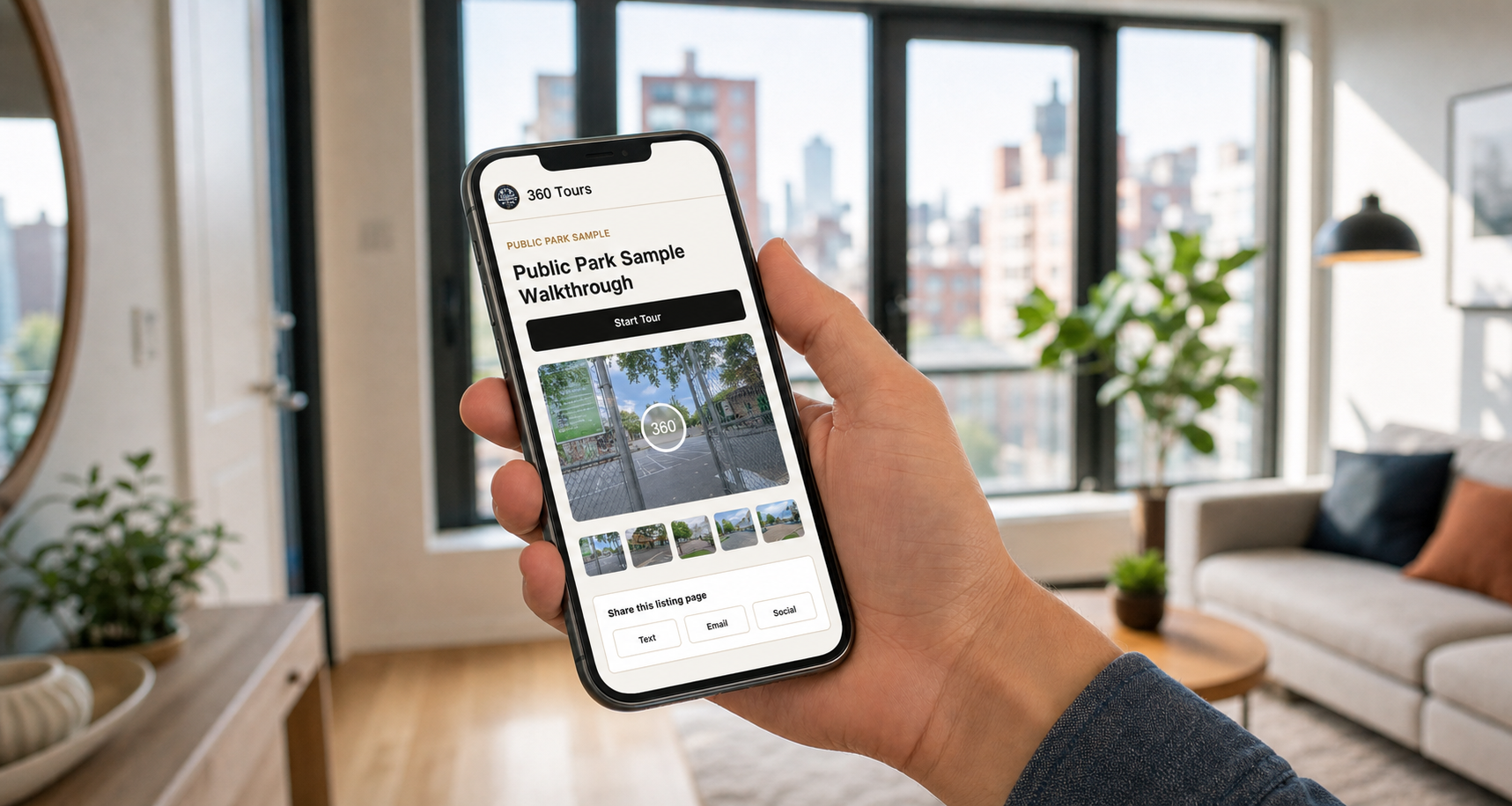 Smartphone displaying a mobile apartment walkthrough
