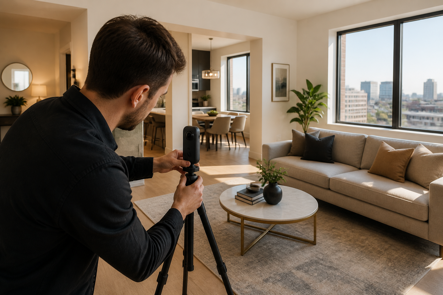 Real estate media professional setting up a 360 camera in a staged apartment